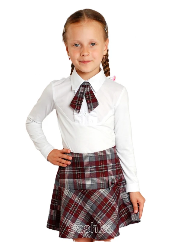 Спідниця для дівчинки Sashka шкільна з бантом сіро-бордова клітинка, розмір 116-146